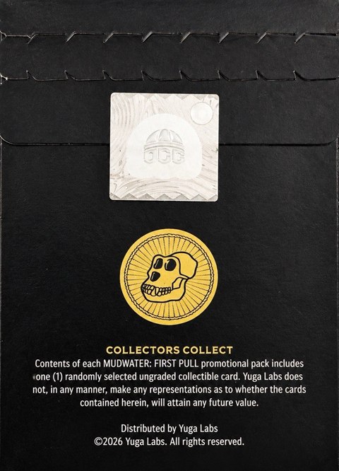 Back of the Mudwater First Pull promo pack: the holographic seal and the one-random-card note